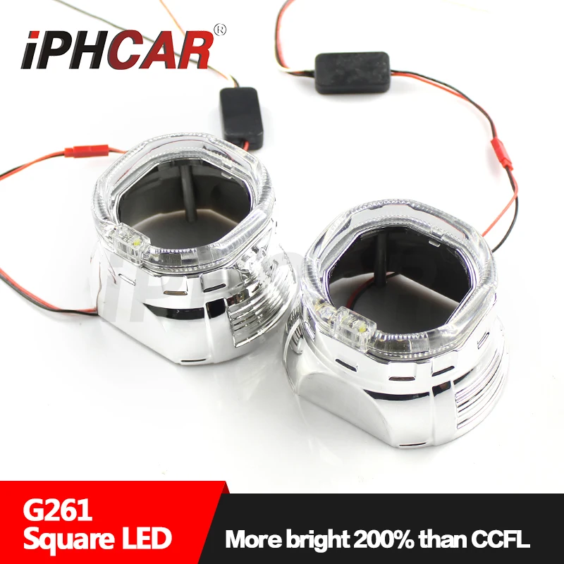 

Free Shipping IPHCAR Bi-xenon Universal Hid Projector Lens Light Square LED Ring Angel Eyes Headlight for H1 Mini Projector