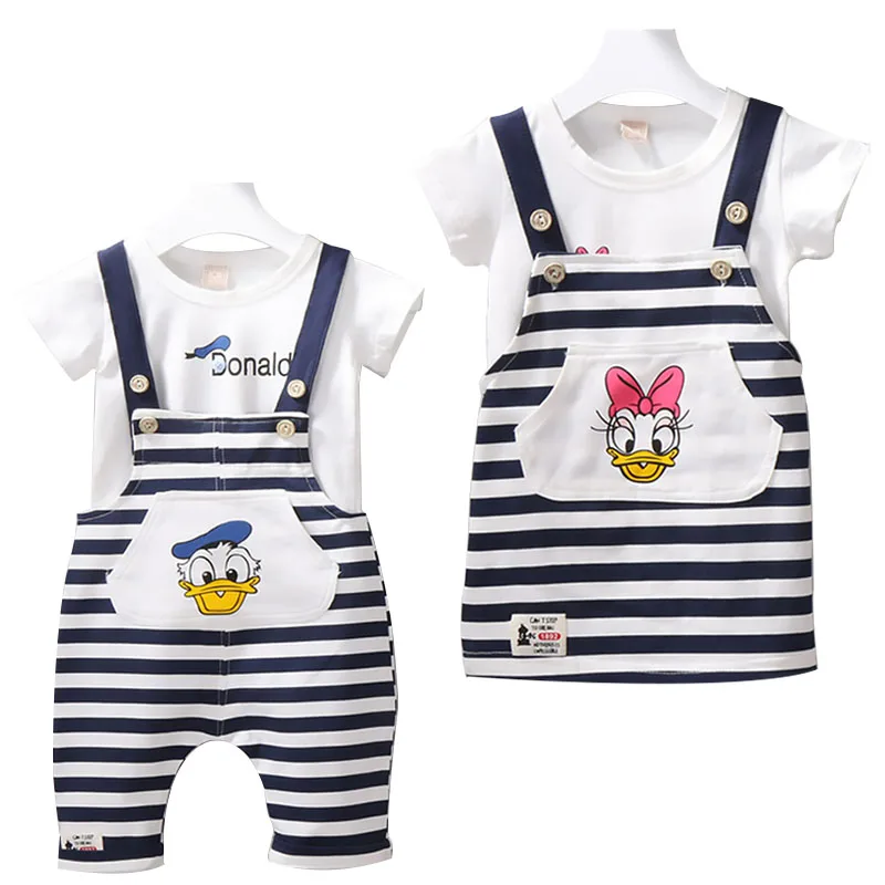 2019 Summer Baby Clothes Cartoon T-shirt Donald Duck Suspender Trousers 2Pcs Toddlers Short Sleeve Stripe Casual Sets 0-2Years | Детская