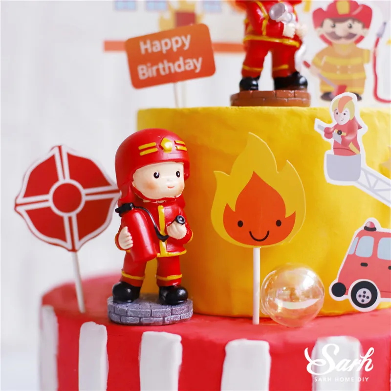 Fireman Water tank Car Decoration Happy Birthday Firefight Cake Topper for Children Kid Boy Girl Party Supplies Bake Sweet Gift