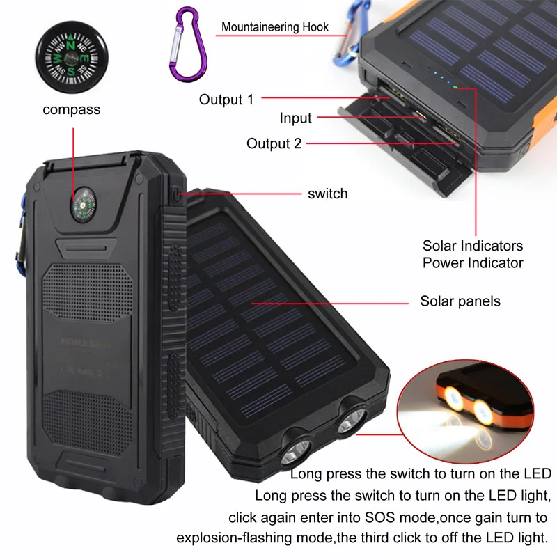 bilder für Abenteuer Reisewasserdichte Solar Power Bank 10000 mah Dual USB Externe Solar Batterie Tragbares Ladegerät Power für alle telefon bilder für Abenteuer Reisewasserdichte Solar Power Bank 10000 mah Dual USB Externe Solar Batterie Tragbares Ladegerät Power für alle telefon