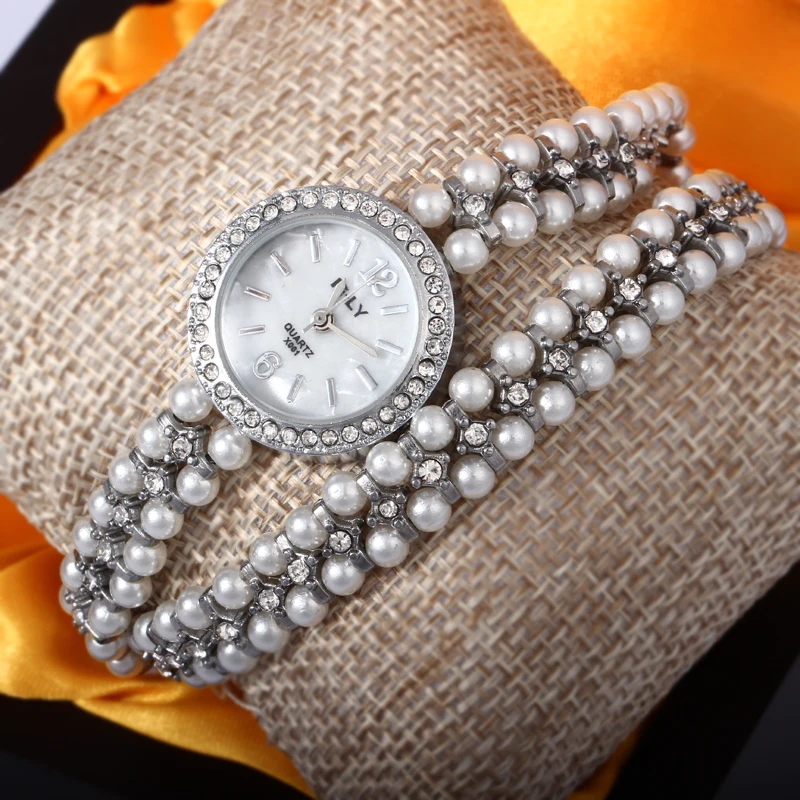 Hesiod модные стильные женские часы с искусственным жемчугом золотого цвета, женские наручные часы с цветами и кристаллами, наручные часы