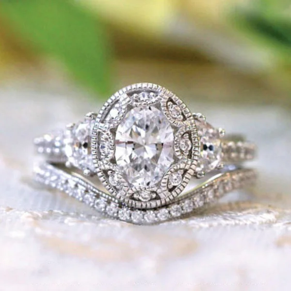 

2019 new luxury oval 925 sterling silver wedding ring set for women lady anniversary gift drop shipping moonso R5077