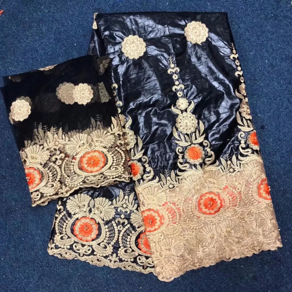 

African bazin riche fabric with cord lace black Nigerian beaded lace fabric flower for Nigerian Wedding