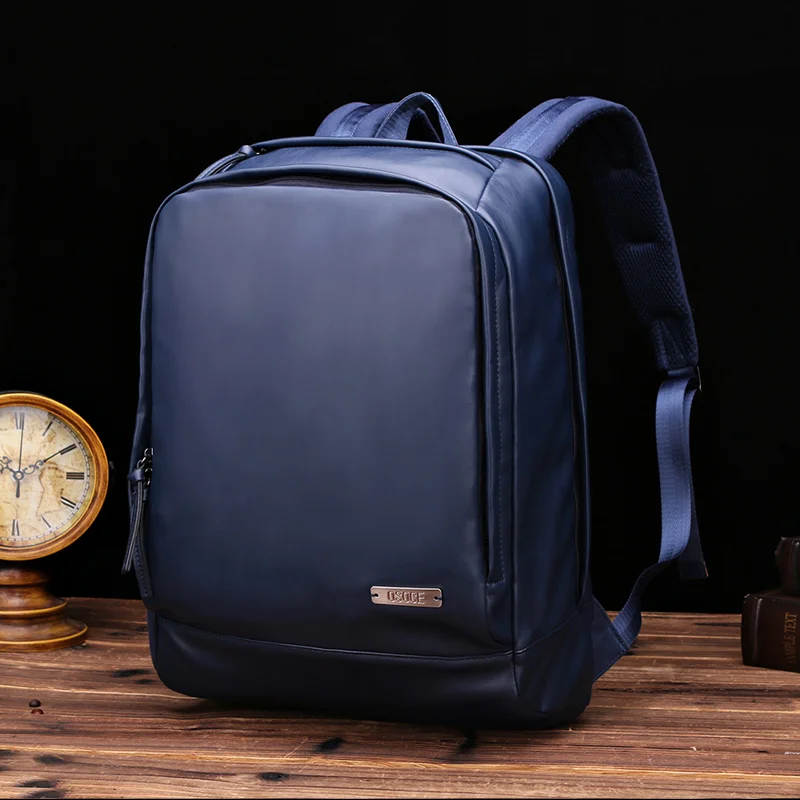 

OSOCE Multi-functional Business Casual Backpack PU Leather Bags 14" Laptop Travel Office School Shoulder Bags Black/Blue B1