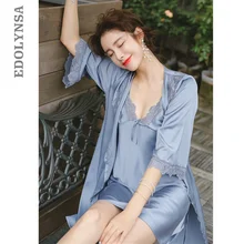 Сексуальная пижама из 2 предметов, женское атласное платье, Женский пеньюар, Ночная одежда, комплект халата, домашний костюм, осень, кружевной красный халат, набор T360