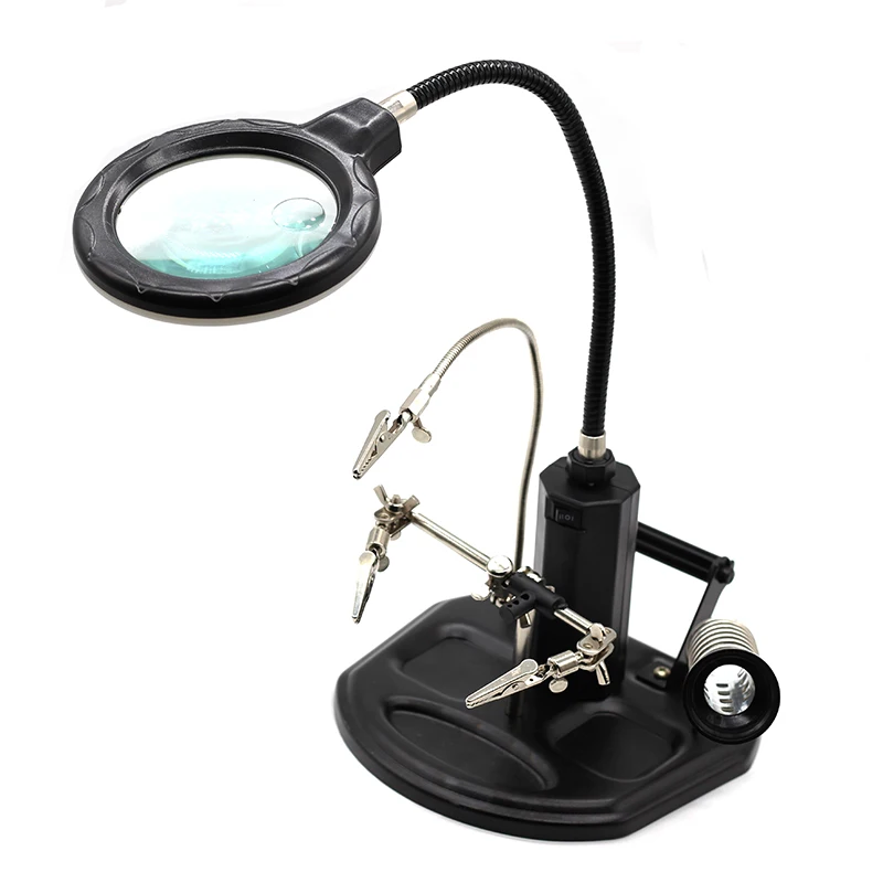 Hand Soldering Solder Iron Stand Holder Station Desktop Magnifying Glass Clamp LED Clip