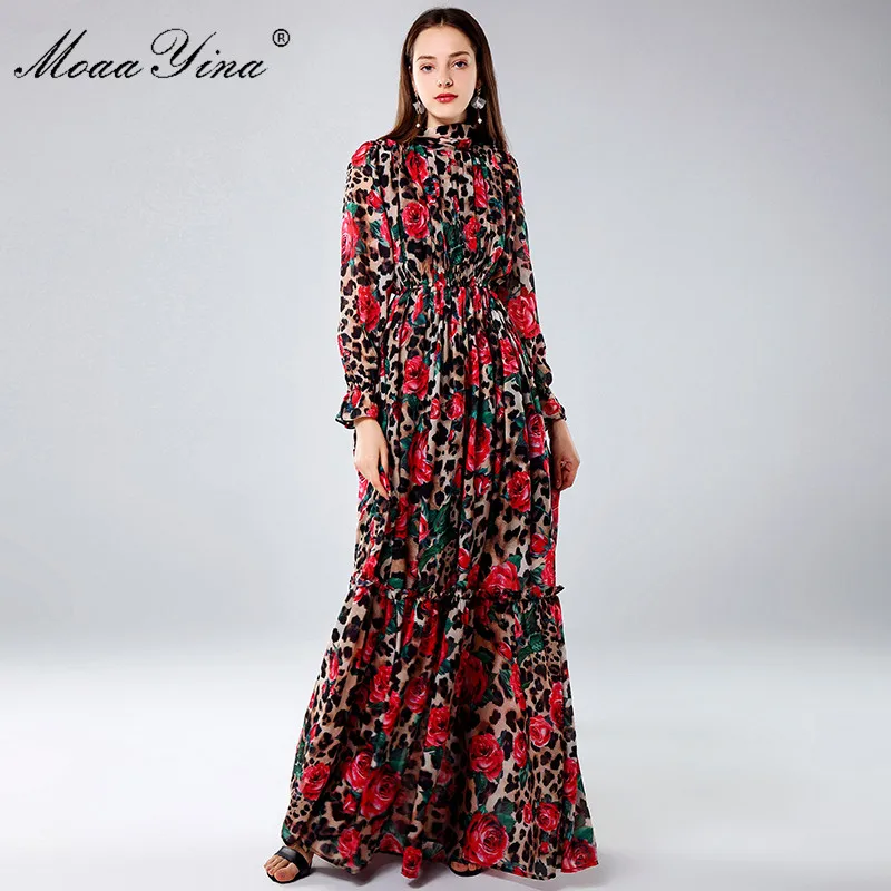 MoaaYina Fashion Designer Maxi Dresses Women's Long Sleeve Sexy Leopard Print Rose Floral Elegant Long Dress Party Holiday Dress image 3