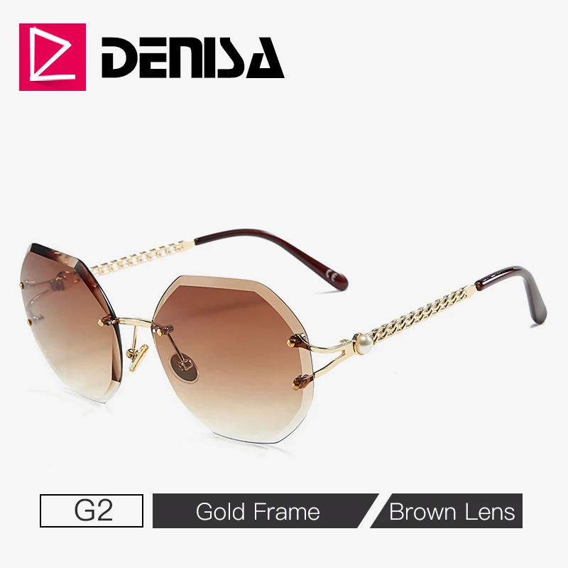 DENISA Pearl Rimless Ladies Sunglasses Unique Frame Polygon Womens Sunglasses Brand Designer UV400 Fashion gozluk G23001 - Цвет линз: G2 Brown Sunglasses