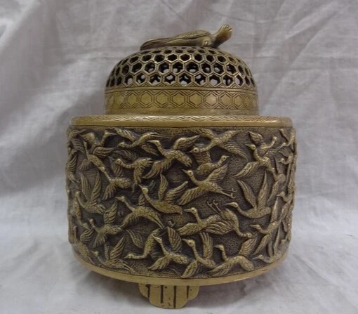 

JP S0610 8" Tibet Buddhism Bronze 100 Crane Dragon Turtle Statue Incense Burner Censer