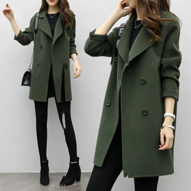 $US $12.77  2018 Double-breasted Overcoat Long Sleeve Turn-down Collar Slim Fit Women Army Green Woolen Coats S
