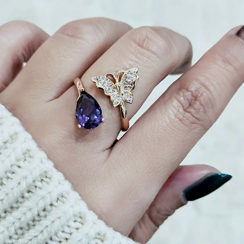 

SINLEERY Elegant 5 Colors Teardrop Crystal Butterfly Rings Ajustable Size Gold Color Fashion Wedding Party Jewelry JZ085 SSC