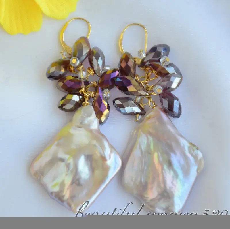 

Z6410 L AVENDER BAROQUE KESHI REBORN PEARL CRYSTAL DANGLE EARRINGs