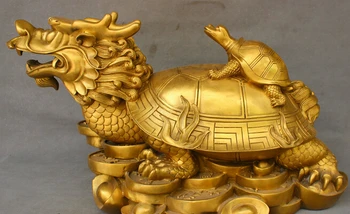 

wholesale factory 20" Folk Chinese Pure Brass Wealth YuanBao Coin Treasure Dragon Turtle Statue 25% off