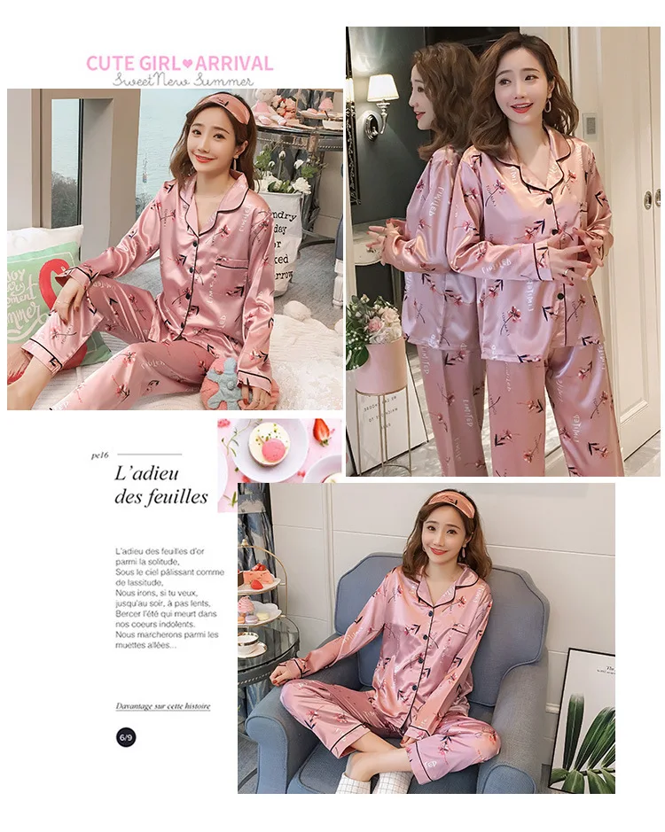 Whoholl 2019 для женщин пижамы с длинным рукавом шелк с цветочным принтом комплект пикантные комплект из двух предметов топ + мотобрюки Ночное
