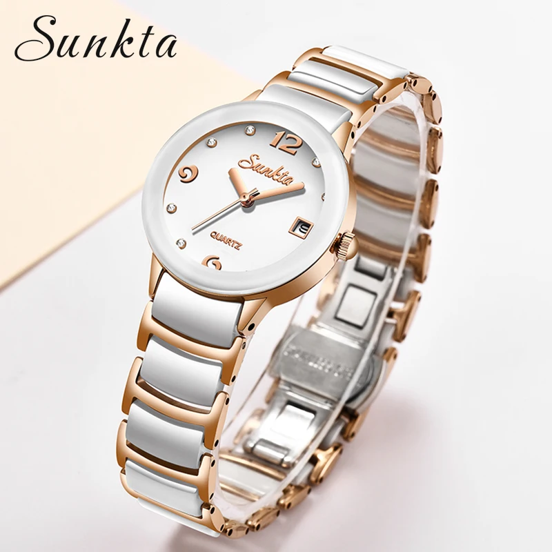 Femininos de Luxo Design de Moda Relógio de Pulso Sunkta Relógios Cristal Ouro Dial Pulseira Senhoras Feminino Shengke