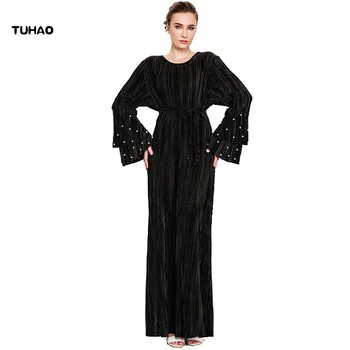 

TUHAO plus size 3xl Muslim Elegant Dress 2018 Spring Women Fashion Pleated Beading Dresses Butterfly Evening Party Dress CM38
