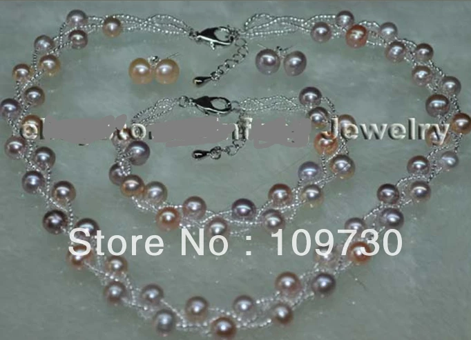 

A0503 Jewelry 00563 wholesale 5 Sets 3lines Near Round freshwater Pearl Necklace Bracelet Earring (0430)