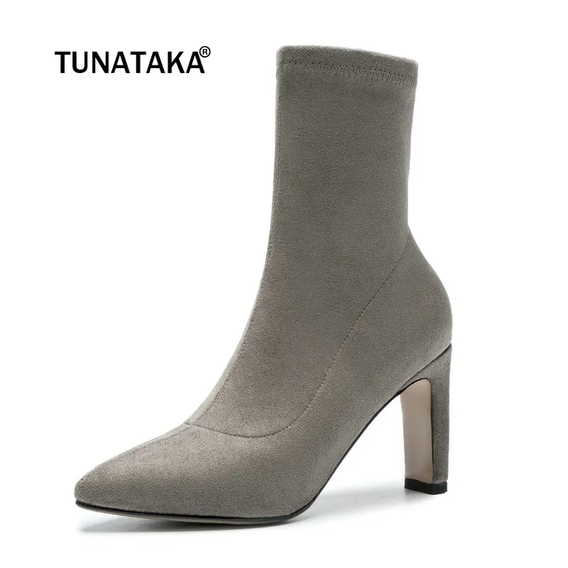 

Ladies Suede Square High Heel Fashion Ankle Boots Women Slip On Pointed Toe Spring Autumn Booties Black Gray Brown