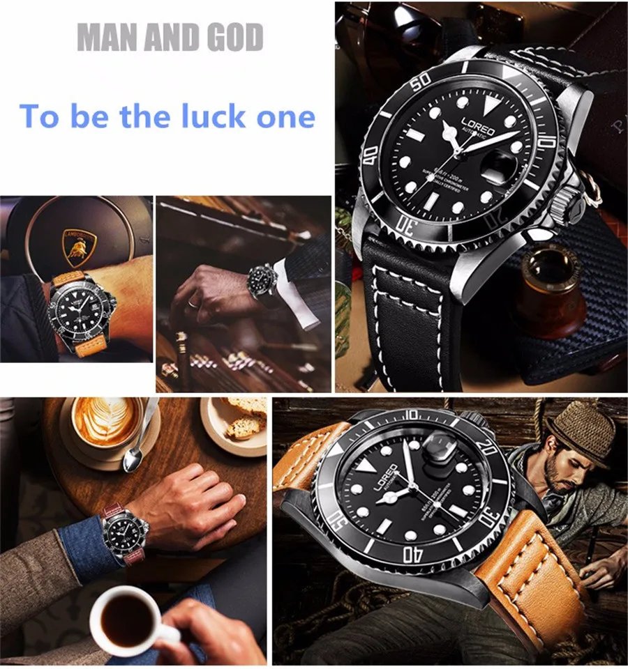 LOREO Лидирующий бренд 200 м водонепроницаемые мужские наручные часы автоматические механические часы модные деловые часы сапфировые