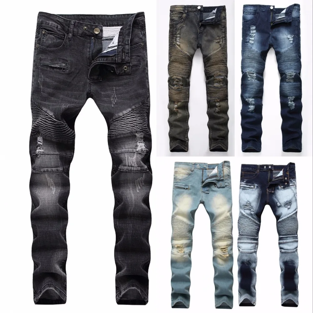 2018 Fashion Hip Hop Patch Men Retro Jeans Knee Rap Hole Zipped Biker ...