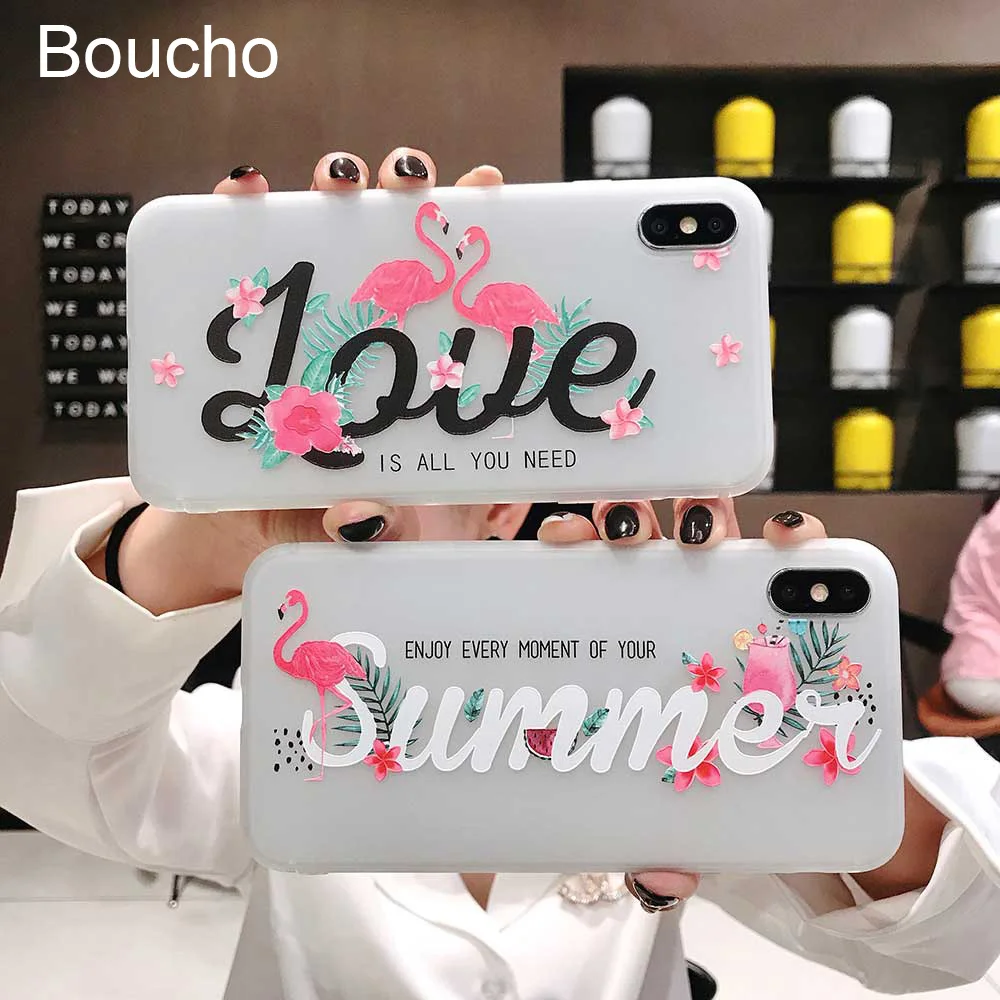 

Boucho Lovely Cartoon Flamingo Pattern Cover For iphone XS MAX XR X 5 5s SE 6 6s 7 8 plus Phone Case summer lover letter cover