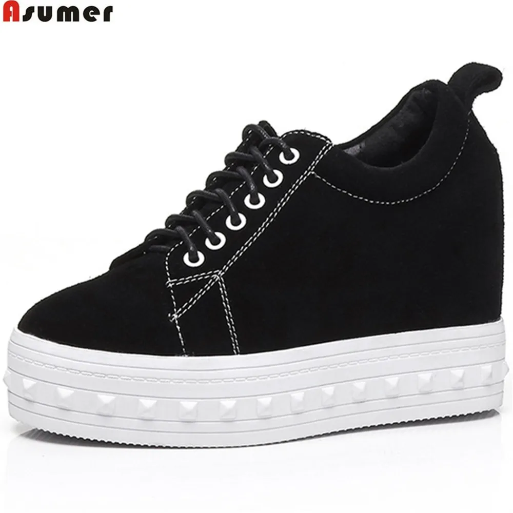 

ASUMER black brown fashion spring autumn casual ladies shoes round toe lace up women suede leather increased internal shoes