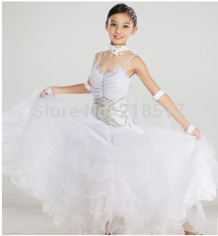 

130-150cm New girl kid child childern modern waltz ballroom dance dress white pink competition costume