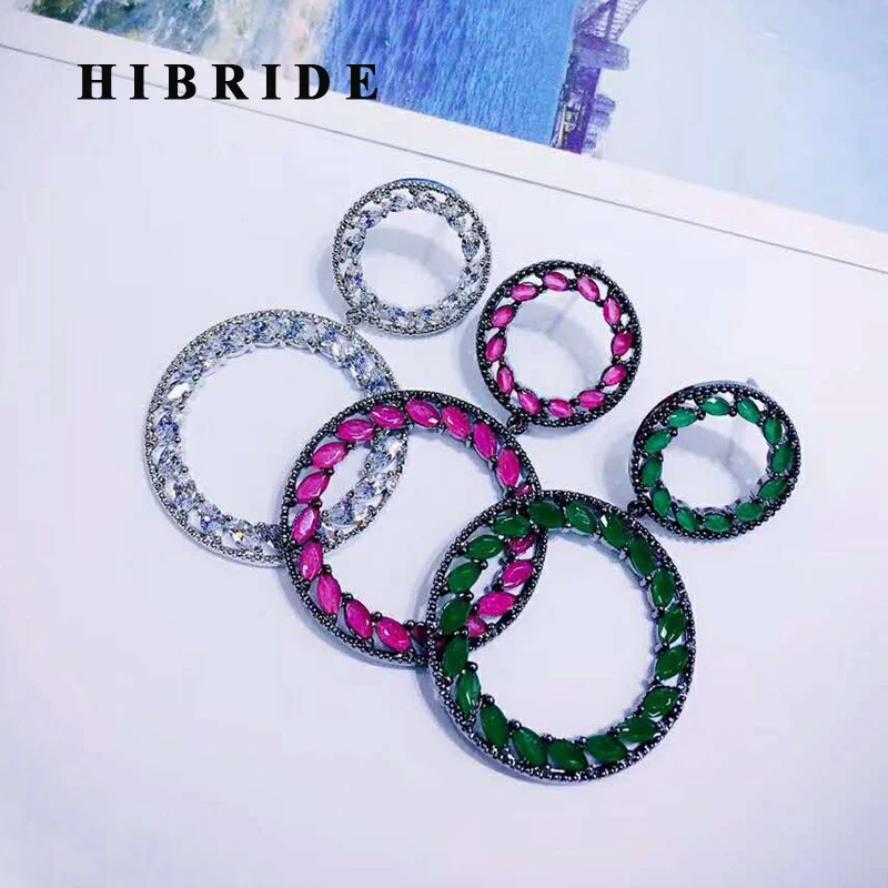 

HIBRIDE Brand European Bohemia Style Big Round Pendant White Red Green Cubic Zircon Drop Earring Brincos Bijoux For Gifts E-700