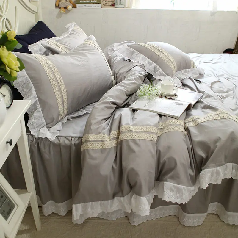 

Grey Lace Bedding Set Lace Ruffle Duvet Cover Embroidery Bedding Elegant Bedspread Bed Skirt Princess Bed Textile Sale