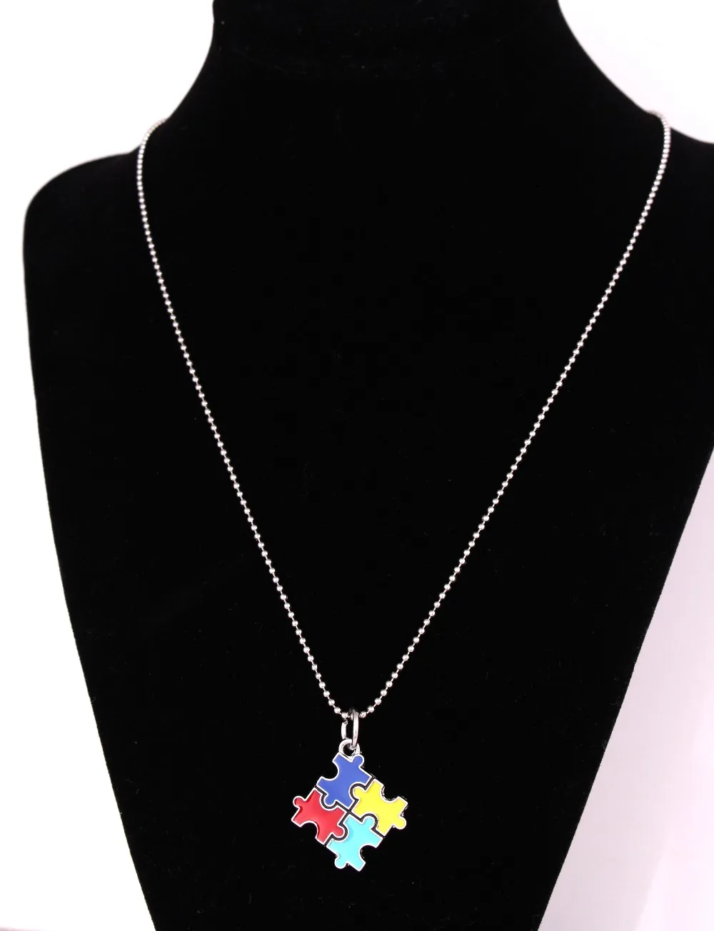 Autism Multi Colored enamel puzzle Piece Pendant with Bead Chain