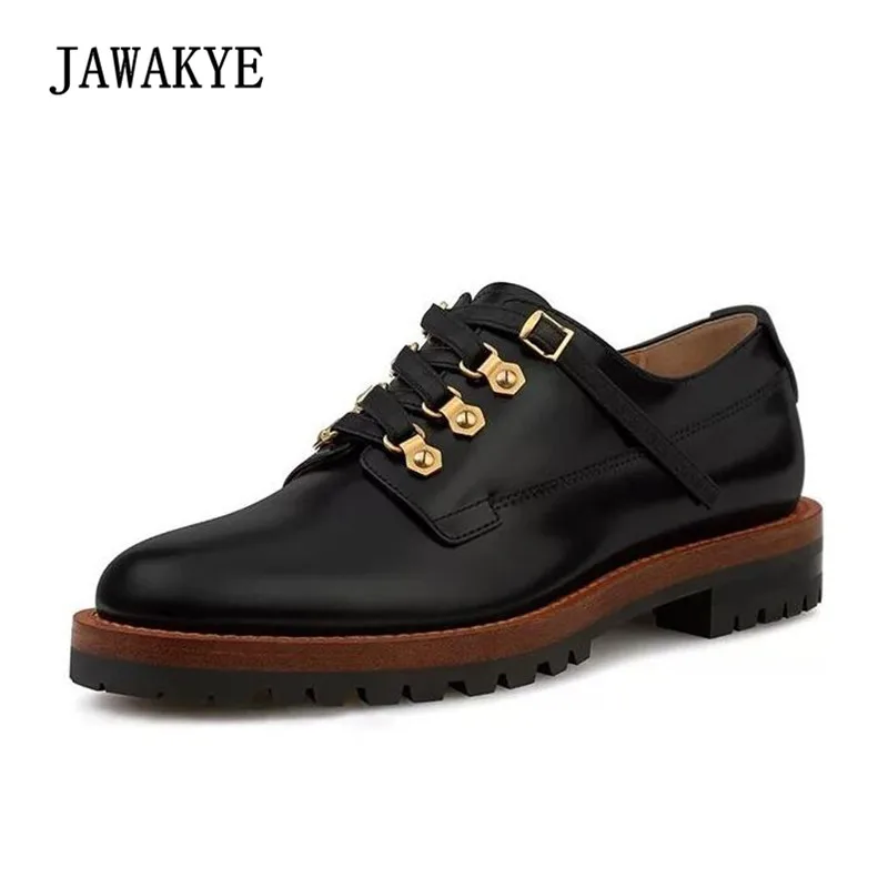 

British Style Real Leather Loafer Shoes Woman Round Toe Rivet Gold Metal Buckle Lace Up Thick Bottom Casual Shoes Women