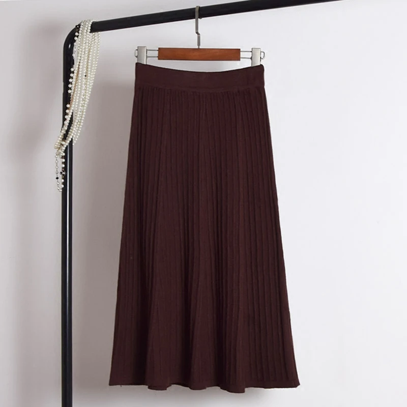 Новинка, плиссированные трапециевидные женские юбки для девочек, вязаная Длинная женская юбка, 8SK040 - Цвет: Коричневый