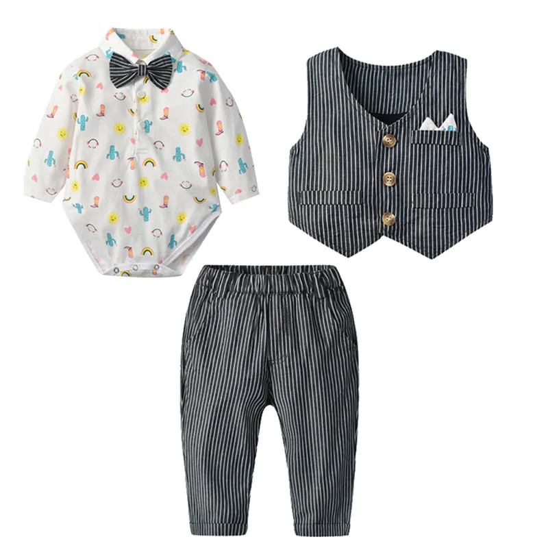 IYEAL/Одежда для маленьких мальчиков, костюмы из 3 предметов, жилет+ галстук, комбинезон+ штаны, модные деловые комплекты одежды для новорожденных, 0-24 месяца - Цвет: C01 Stripe