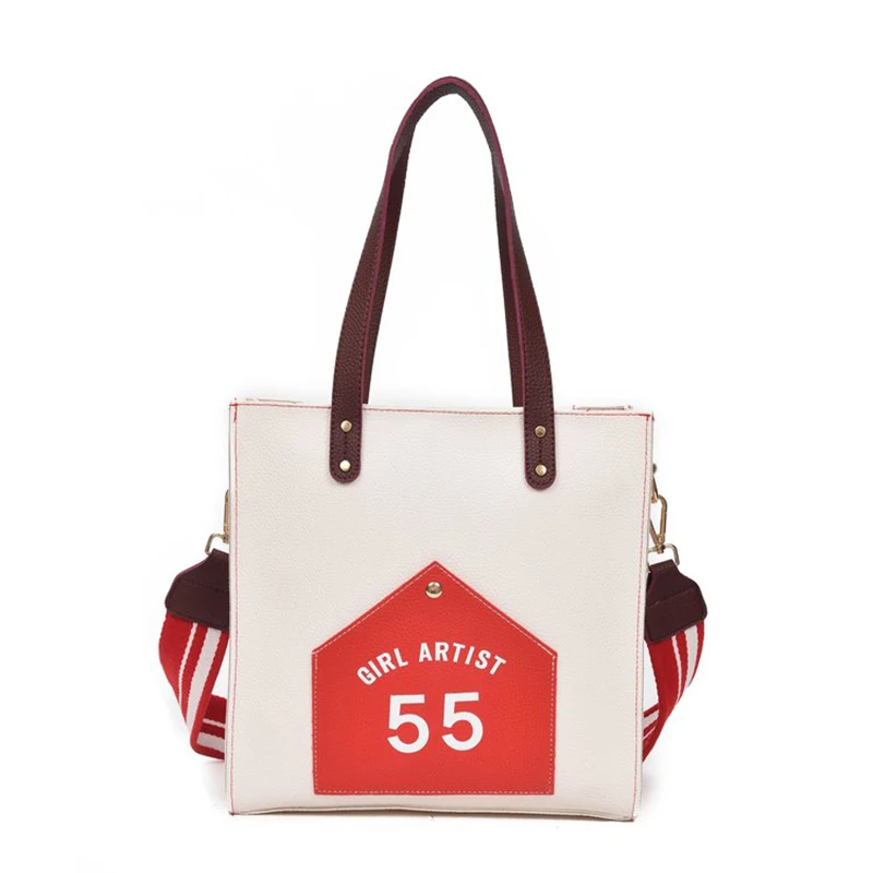 

Elegant Fashion Women Patchwork PU Leather Tote Bag Wide Strap Shoulder Bag Casual Zipper Handbags Messenger Female Bolsa