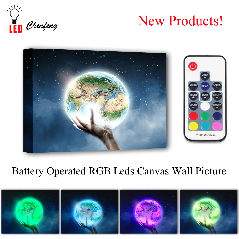 

Colorful RGB Leds Canvas Wall Decor earth on hand Picture Remote control Canvas Print and poster Illuminated painting kids Gift