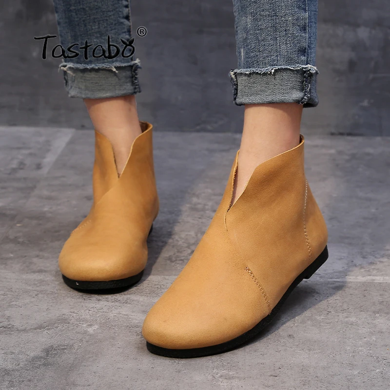 

Tastabo Solid Handmade Ankle Boots Grandma Shoes Women Fashion Soft Genuine Leather Winter Warm Boots for Women