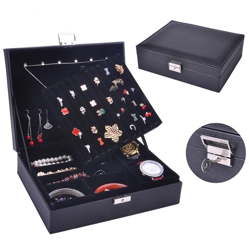 Guanya mujeres de cuero rectangular anillos de embalaje pendientes organizador de almacenamiento caja de exhibición exquisita caja de joyería de viaje regalo - 2