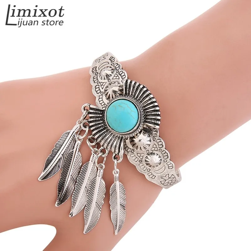 

Women Girl Retro Jewelry Blue Stone Leaf Open Cuff Bangle Charm Bracelet Indian Native American Jewelry Retro Statement Bracelet