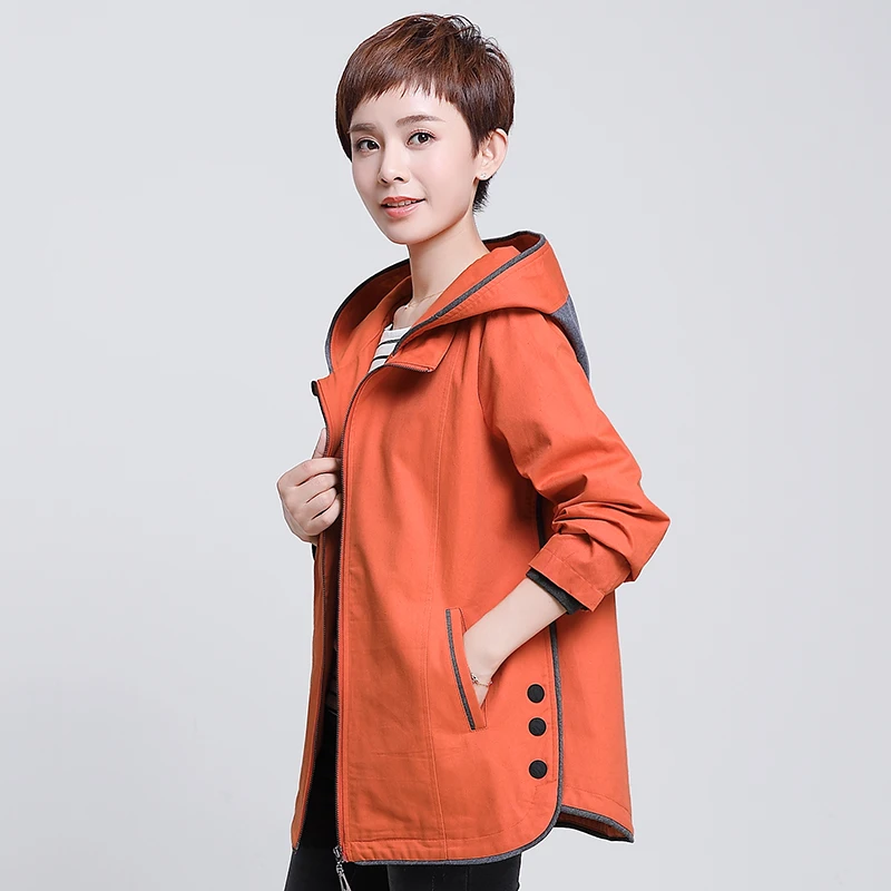 New  Women's Windbreaker 2019 Spring Autumn Casual Wild Jacket Solid Color Middle-Aged Women's HoodedCot