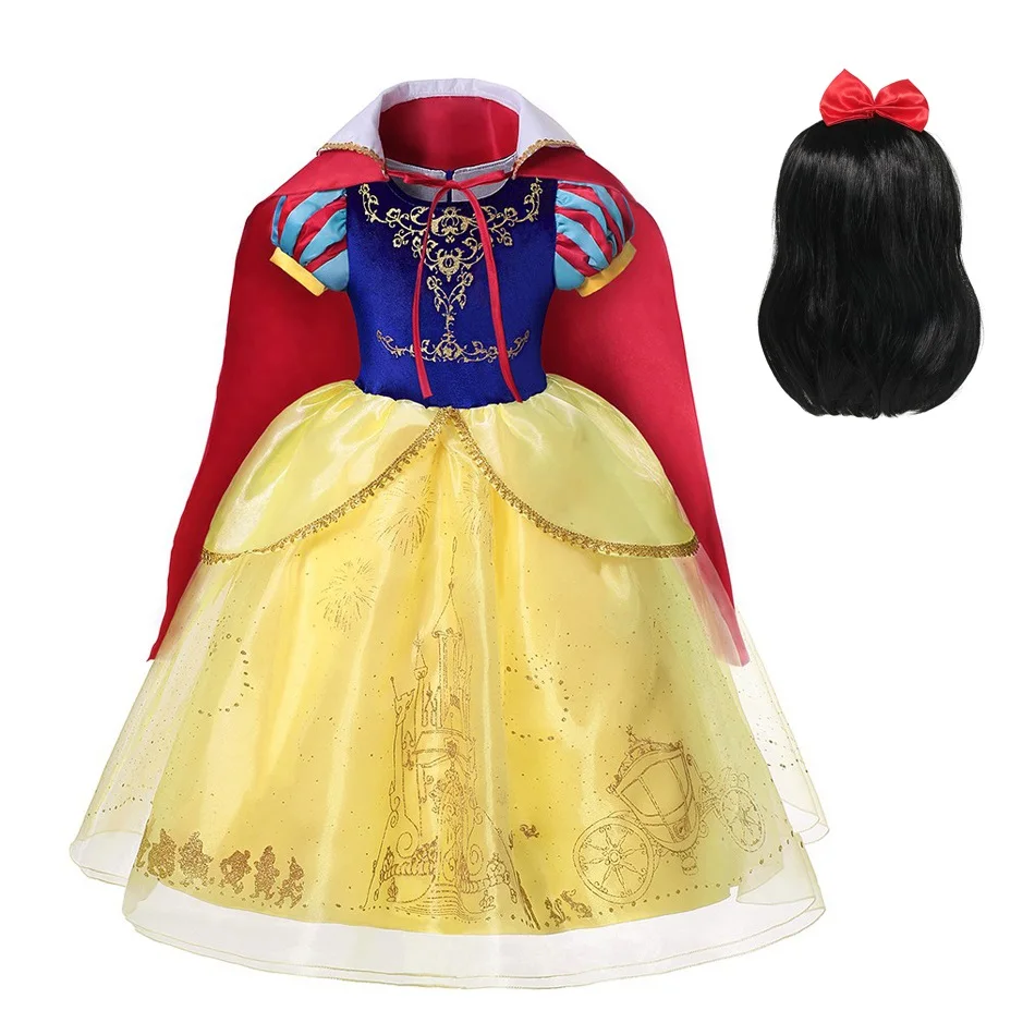 

Girls Deluxe Snow White Fancy Dress Up Clothes with Cloak Children Short Sleeve Halloween Party Evening Gown Princess Costume