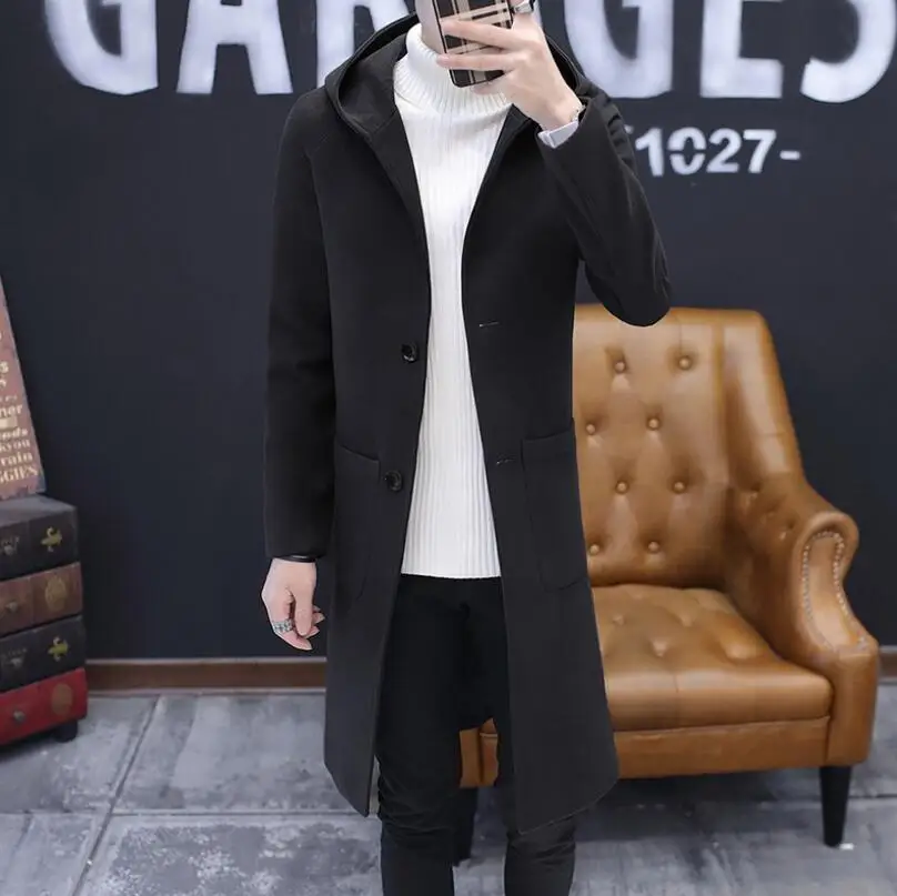 

Autumn and winter large size solid color hooded wool coat Slim Korean version long section single breasted men's clothing /M-5XL