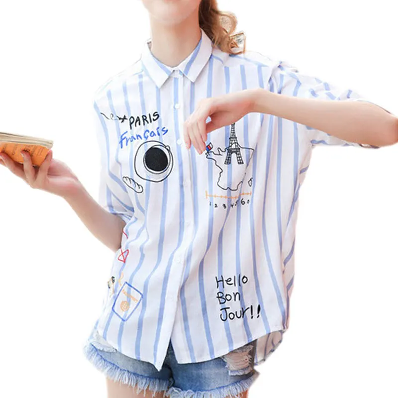 koreaanse cartoon letters borduren blauw gestreepte shirts vrouwen