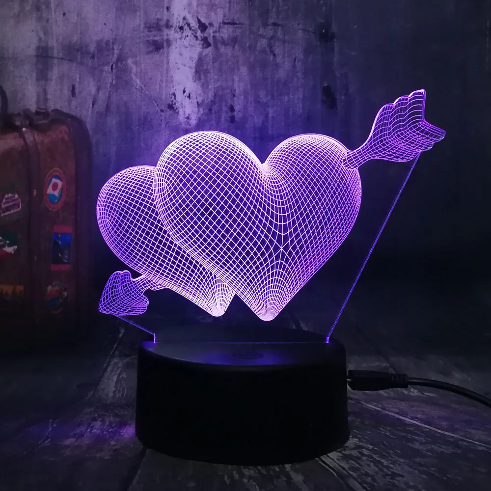  LOVE Romantic 3D Arrow Through the Heart LED Night Light Desk Lamp Wedding Bedroom Decor Lovers & C