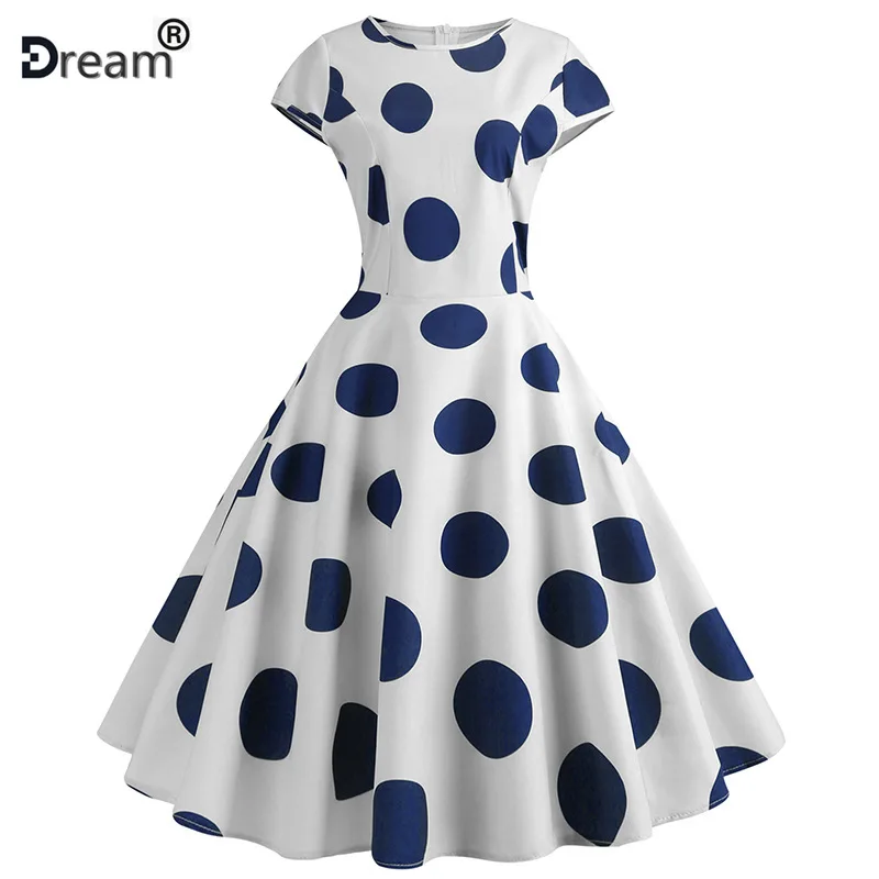 

White Polka Dot Dress Women Summer Short Sleeve Hepburn Dresses Retro Robe Vintage Dress 50s 60s Rockabilly Pin Up Plus Size