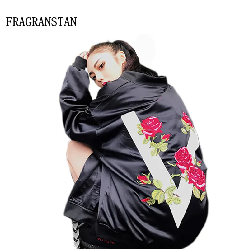 

Spring Autumn Women High Quality Rose Embroidery Oversize Satin Bomber Jacket Street Style Female Zipper Loose Cacual Coat LY17