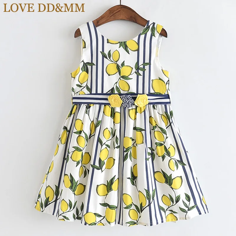 Платья для девочек с надписью «LOVE DD& MM» г., новая летняя детская одежда милое платье с открытой спиной в Вертикальную Полоску с принтом лимона и бантом на поясе для девочек