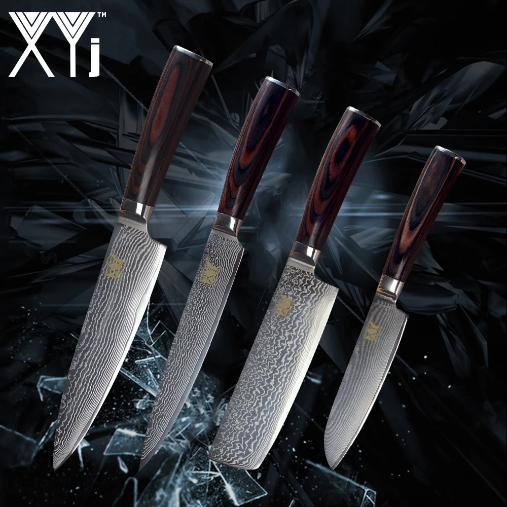 

XYj Kitchen Knife 4 Pcs Set Damascus Steel VG10 Core Color Wood Handle Damascus Pattern Knives Meat Fruit Vegetable Cooking Tool