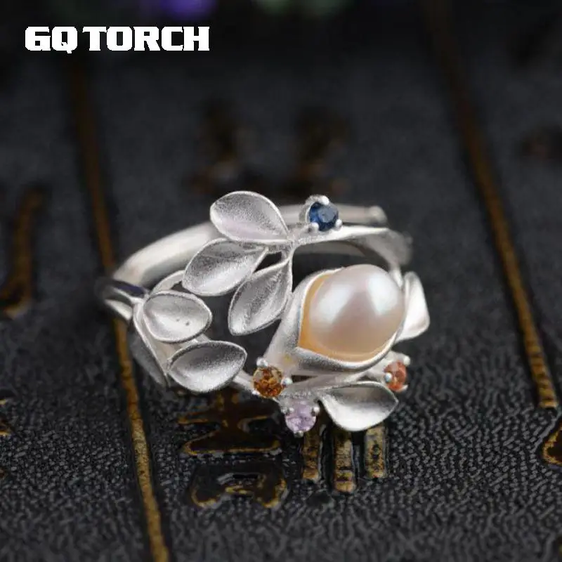 GQTORCH 925 пробы серебряные кольца для женщин 3D цветок Форма инкрустированные натуральный пресноводный жемчуг Изысканная личность уникальное кольцо