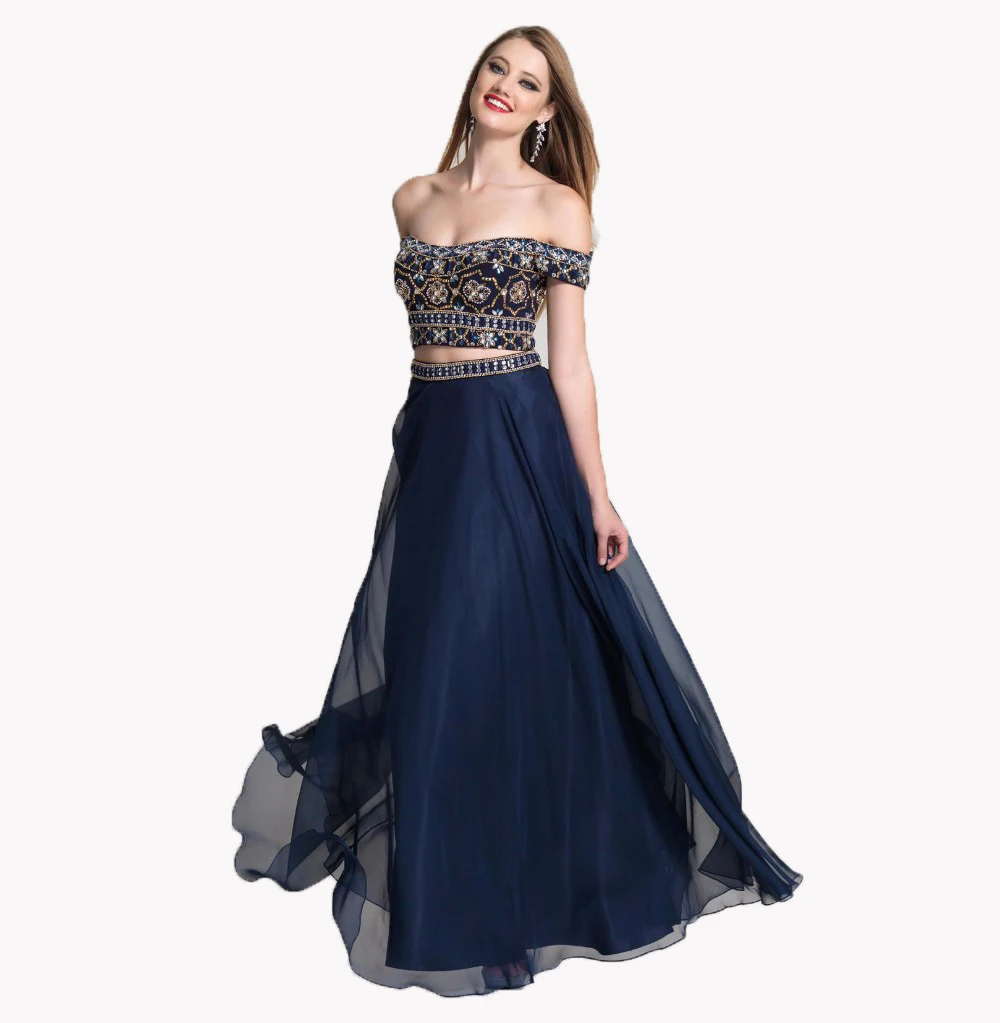 Two Piece Navy Blue Prom Dresses 2017 Cap Sleeve Beads Chiffon Pageant