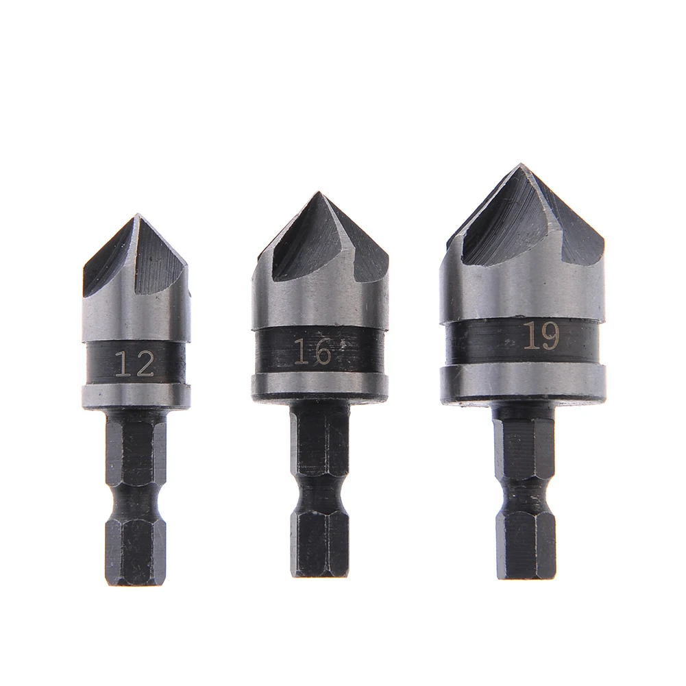 3Pcs 1/4 Hex Shank Countersink 5 Flute Countersink Drill Bit Set 90